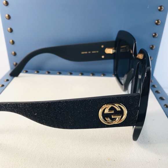 💯 - New authentic- Gucci Black Gg0102s - 001 Oversized Glitter Sunglasses - Picture 5 of 14